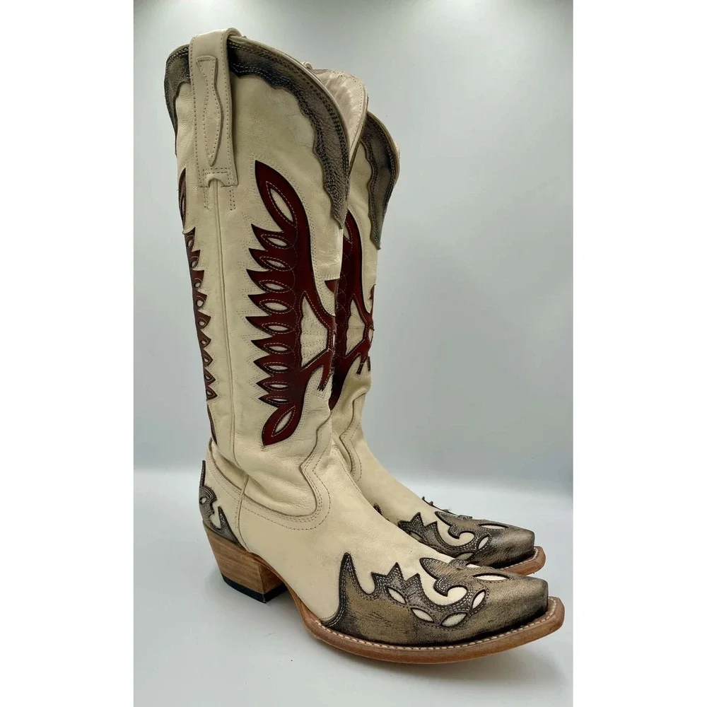 Freebird Willie Pewter Cognac Leather Western Eagle Inlay Tall Boots Womens 8